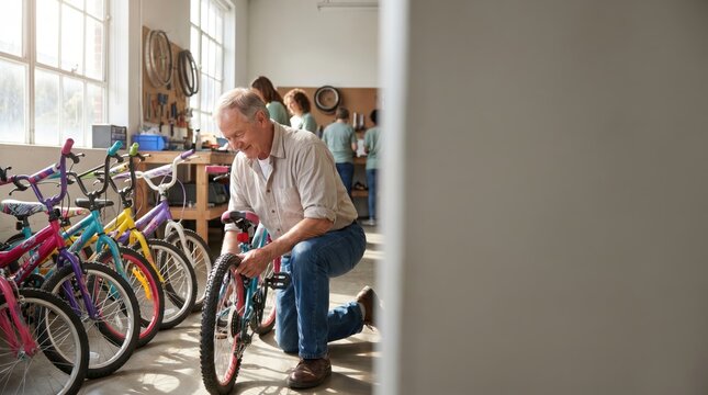 Senior Citizen Day: Man Repairs Bicycle in Workshop
