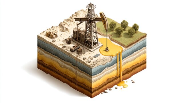 Isometric oil rig representation showing environmental impact and extraction processes
