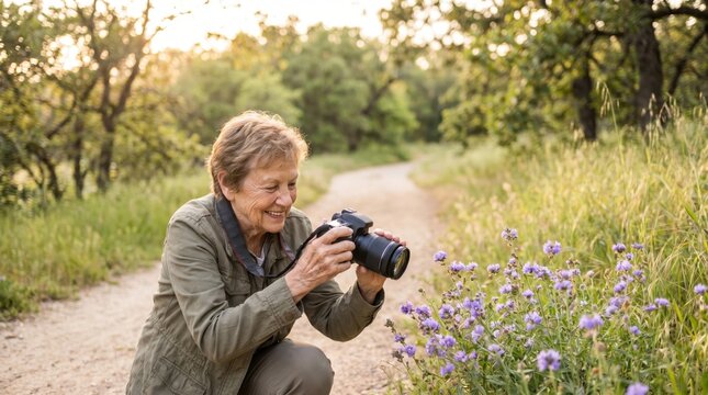 Senior Citizen Day: Woman Photographing Flowers in Nature
