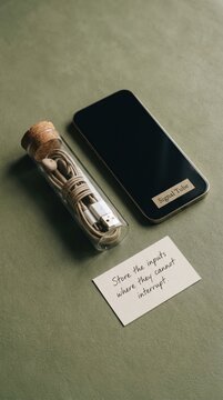 Smartphone and earbuds in glass tube promoting Digital Detox with handwritten message