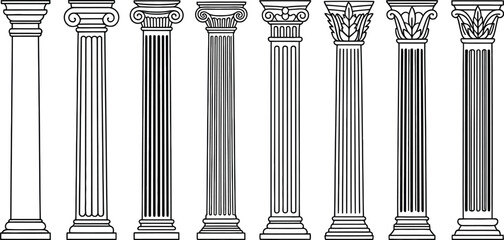 Fototapeta premium Antique architectural pillar collection featuring classical Greek and Roman columns with ornate capitals isolated on white background vector.