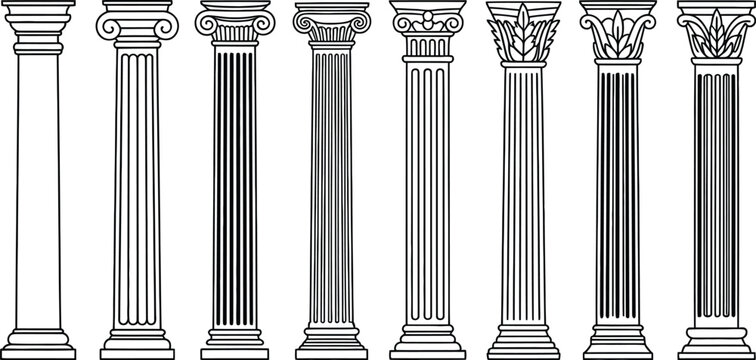 Antique architectural pillar collection featuring classical Greek and Roman columns with ornate capitals isolated on white background vector.