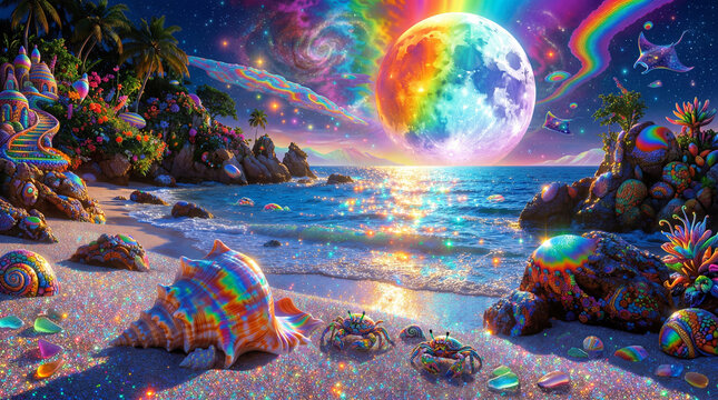 Spiaggia surreale e psichedelica con luna arcobaleno, cielo cosmico e oceano scintillante