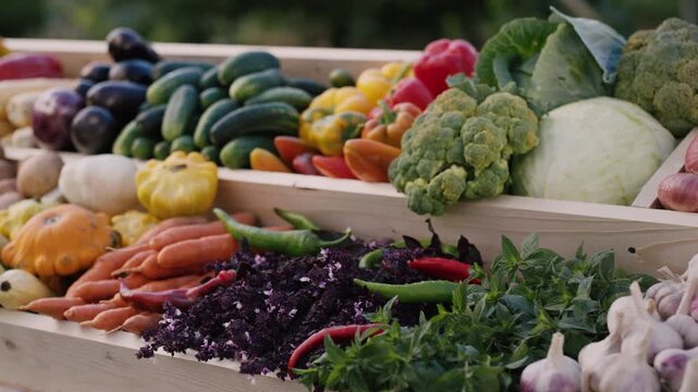 Fresh organic vegetables harvested from local farm market displayed on wooden rustic shelves.