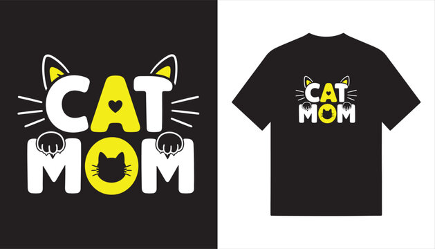 Cat Mom Cute Typography T-Shirt Design with Cat Face, Paw Prints, Whiskers and Bold Pet Lover Vector Illustration