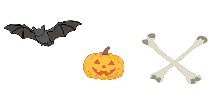 Vector Halloween Clipart Set: Bat, Jack-o'-Lantern, and Crossbones isolated on transparent or white background, png