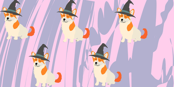 Cute Halloween Corgi in Witch Hat Seamless Pattern Background