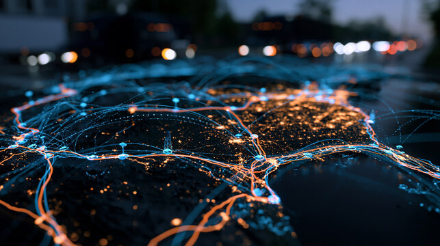 Photorealistic wide shot of an AI-powered route optimization system recalculating refrigerated delivery paths in real time on a glowing digital map, dynamic route lines shifting ar