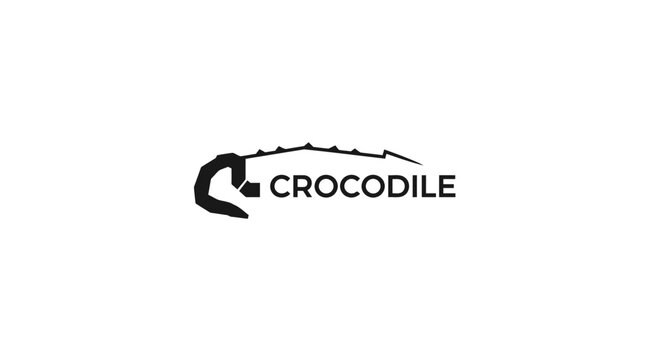 Minimalist black crocodile silhouette logo with typography.