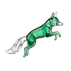 Fototapeta premium Leaping green blown glass fox figurine in dynamic mid-air pose, translucent jade glass sculpture, isolated transparent design element