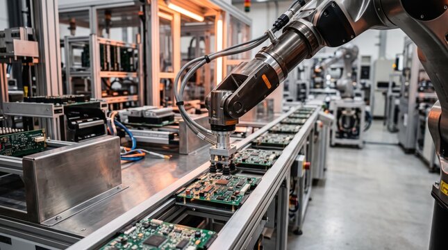 Industrial robotic arm assembling electronic components on conveyor belt in modern smart factory, automation technology and manufacturing process for mass production