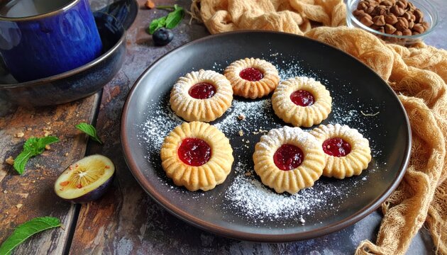 Homemade shortbread cookies with jam centers on plate.