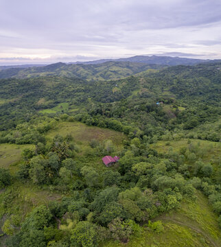 Aerial view of Dede Kadu surrounded by lush green hills, dense tropical forest, and a small house with a red roof in Loli, East Nusa Tenggara, Indonesia.