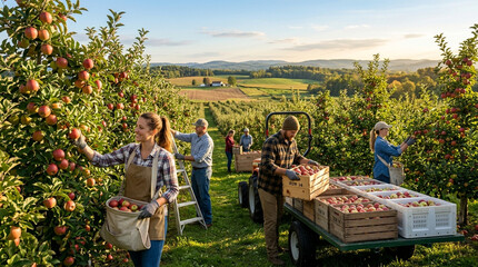 Fototapeta premium Apple Harvest: Farmers Picking Ripe Apples from Orchard Trees at Sunset