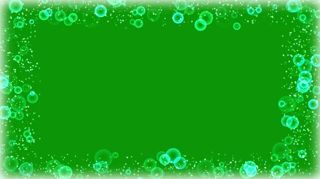 Sparkling water soap bubbles rectangle border frame, glowing soap bubbles rectangular border for birthday video, floating magic light particles on green background, party video transition.4k animation