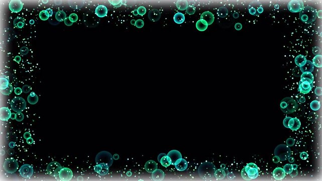 Sparkling water soap bubbles rectangle border frame, glowing soap bubbles rectangular border for birthday video, floating magic light particles on black background, party video transition.4k animation