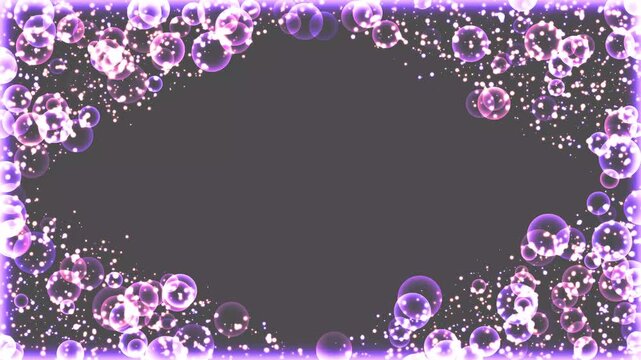 Sparkling water droplets oval border background visual, floating magic light sphere particles on dark purple background, magical glowing soap bubbles oval frame for romantic video,4k loop animation