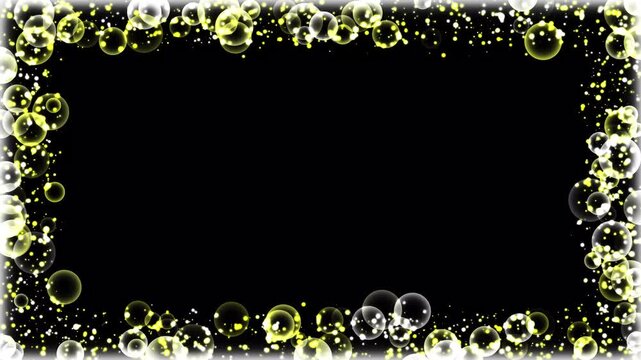 Neon glowing soap bubbles rectangle frame loop, floating transparent spheres rectangle frame for video editing, glowing particle dust background, chroma key black screen visual effect,4k video