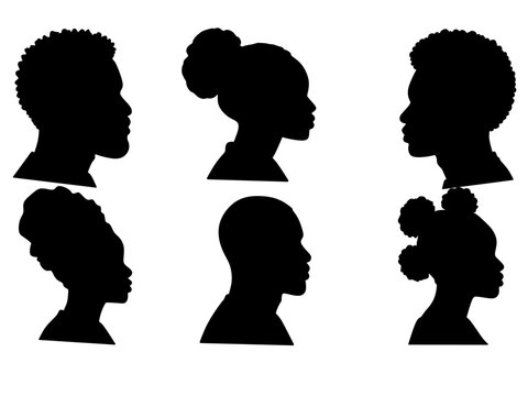 Black silhouettes set of African American men and women heads in profile with various hairstyles on white background