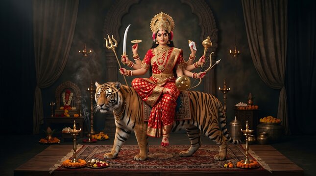 Hindu goddess Durga sitting on a tiger. Divine female deity with multiple arms in temple.