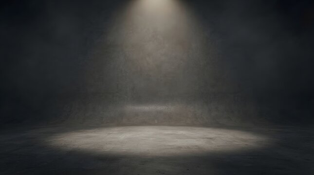 Dark Concrete Studio Background With Empty Product Display Stage And Dramatic Spotlight Lighting