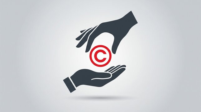 Copyright symbol protection concept, hands holding red intellectual property icon, legal ownership and patent rights illustration for business