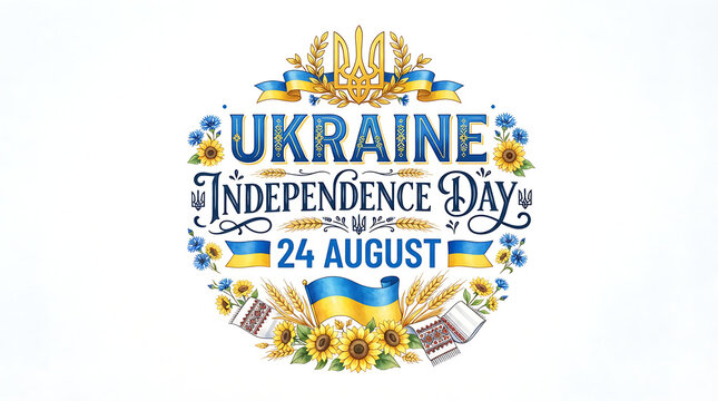  "UKRAINE INDEPENDENCE DAY" centered and "24 AUGUST" below, surrounded by blue-and-yellow decorations including sunflowers, wheat stalks and flag-like ribbons