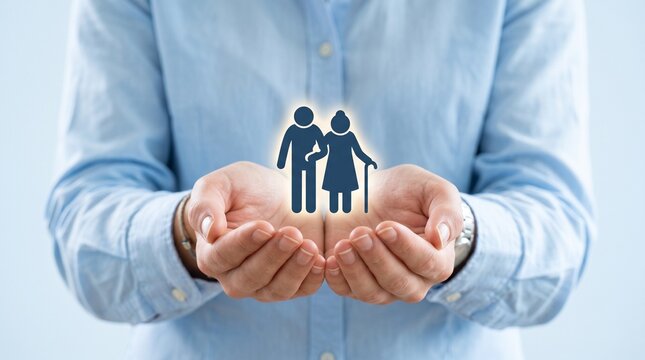 Elderly care concept with senior couple icon in cupped hands, geriatric support and nursing home insurance, social security for retired people