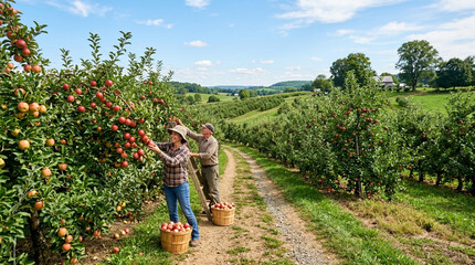 Fototapeta premium Apple Orchard Harvest: Farmers Picking Ripe Fruit in Rural Landscape