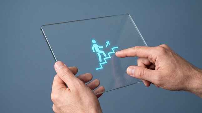 Futuristic transparent tablet with glowing career growth icon, businessman hands holding glass screen with digital person climbing stairs, business success concept