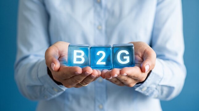 B2G business to government concept, businesswoman holding blue glass cubes with B2G text, public sector marketing and procurement strategy