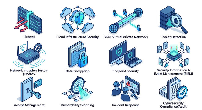 Cybersecurity icons representing various digital protection services.