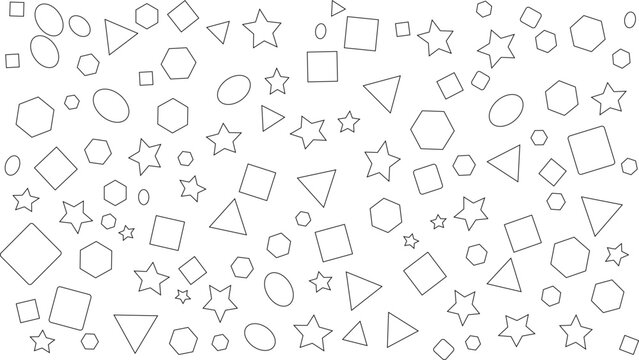 Hand-Drawn Seamless Geometric Shapes Doodle Pattern Background Featuring Stars, Squares, Triangles, Hexagons, and Circles Outline Vector Art for Coloring Book Page, Textile, and Fabric Design