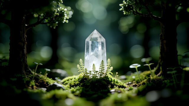A glowing clear quartz crystal point resting on a mossy forest floor.