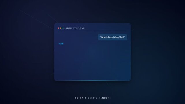 Dark screen shows futuristic chat window. Text introduces AI tool with elegant, transparent design. Modern interface suggests advanced digital communication