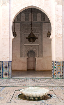 Traditional courtyard with marble fountain at mausoleum of moulay ismail in meknes. Morocco.