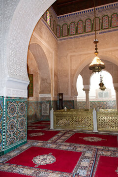 Interior view of royal tomb hall at mausoleum of moulay ismail in meknes. Morocco.