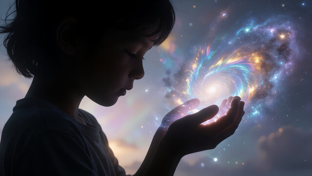 A young child holding a glowing magical galaxy in their hands with wonder.