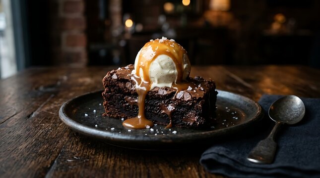 Delicious gourmet dessert with caramel sauce and chocolate shavings on dark plate