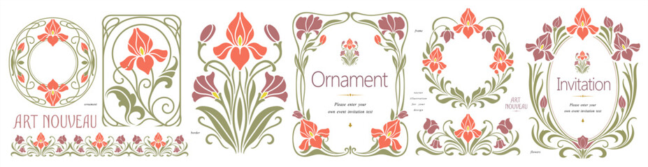 Naklejka na ściany i meble Art Nouveau vector collection on a transparent background with floral frame, iris flower, tulip, ornament, wreath, vignette, border and seamless pattern for invitation, textile, branding and vintage 
