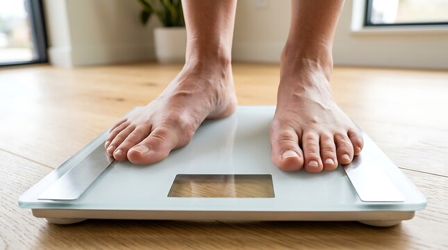 Person standing barefoot on a glass digital weighing scale for weight management tracking