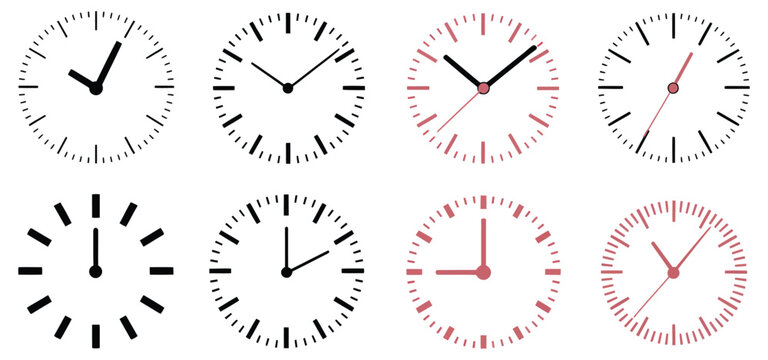 Clock Dial Icon Set, Analog Watch Face, Timer, Stopwatch, and Time Display Symbols, Vector, Designs