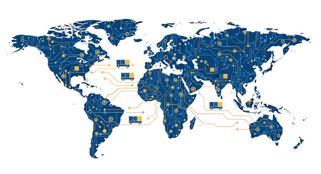 Digital World Map with Circuit Board Pattern Representing Global Logistics and Smart Supply Chain Management