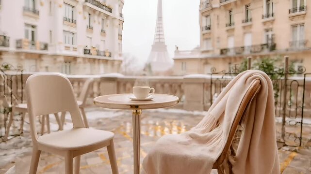 Paris, France, Europe. A serene outdoor cafe scene with a view of the Eiffel Tower in the background. The main subject is a round table with a white cup and saucer.