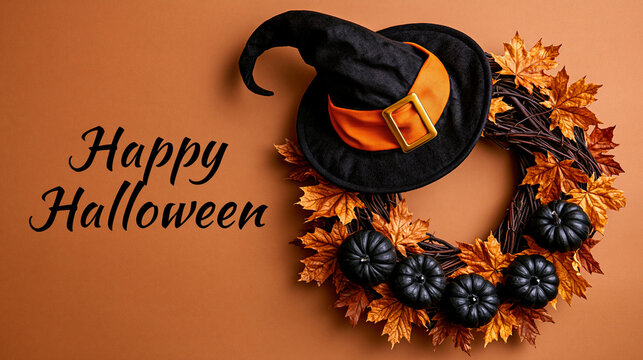Halloween composition on a warm terracotta orange background, wreath positioned on the right side, left side featuring the text "Happy Halloween" in elegant black handwritten scrip