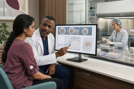 scientist cultures encapsulated insulin-producing islet cells while a diabetes patient wearing a glucose sensor reviews regenerative treatment data with a physician