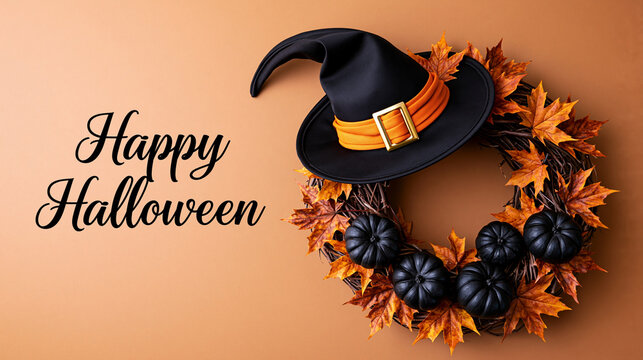 Halloween composition on a warm terracotta orange background, wreath positioned on the right side, left side featuring the text "Happy Halloween" in elegant black handwritten scrip
