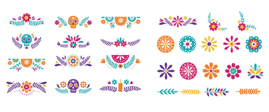 Dia de los muertos decorative set of colorful sugar skulls, floral borders, and folk motifs in flat style
