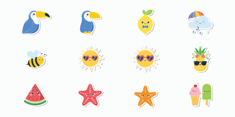 Obraz premium Set of kawaii summer stickers featuring toucans, sun with heart sunglasses, pineapple, watermelon, starfish, bee, and ice cream treats on a white background