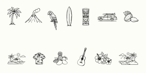 Set of tropical island featuring palm trees, volcano, parrot, surfboard, tiki mask, woody station wagon, pineapple, ukulele, hibiscus flowers, and ocean waves in black and white line © Rakash
